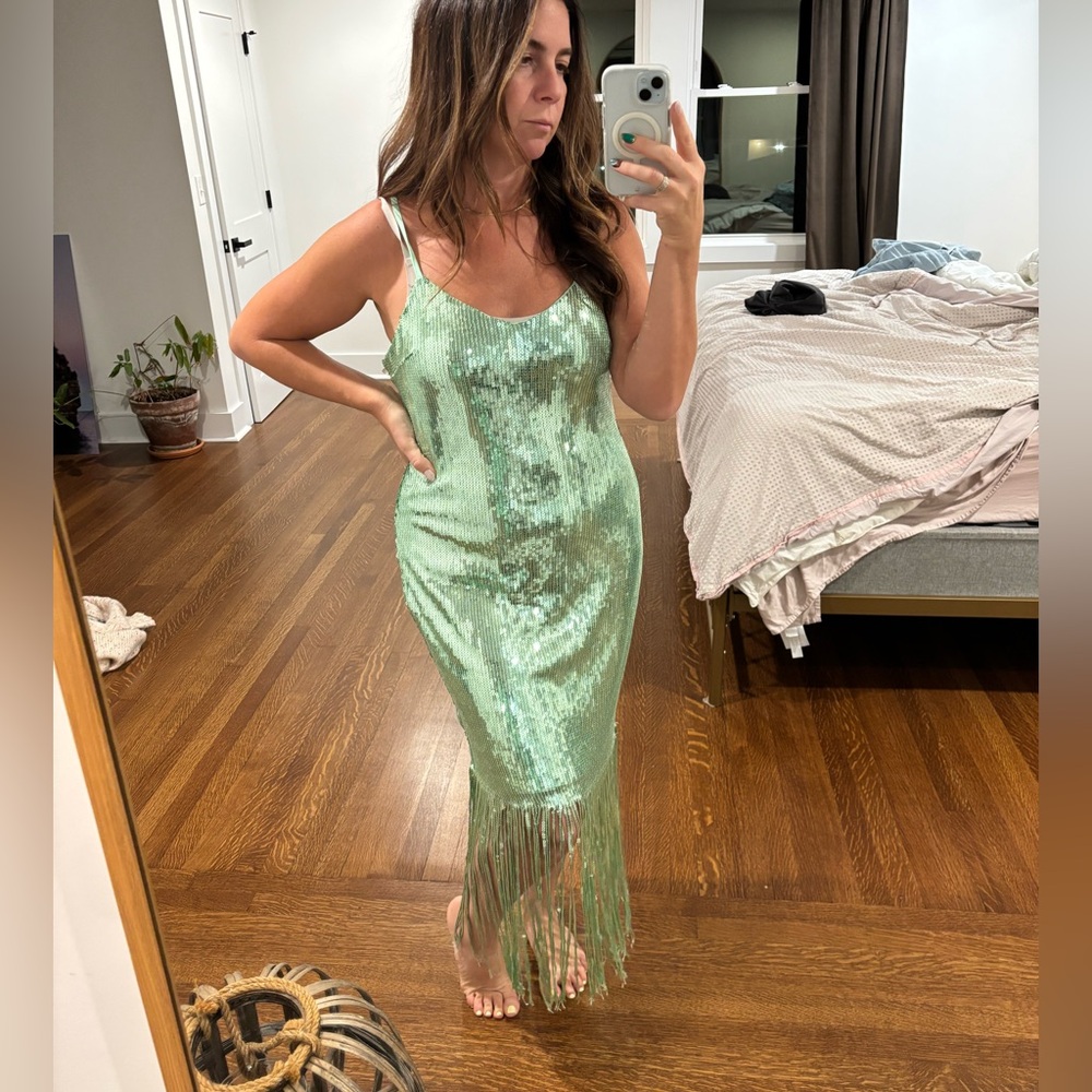 Aquamarine sequin midi dress with fringe
